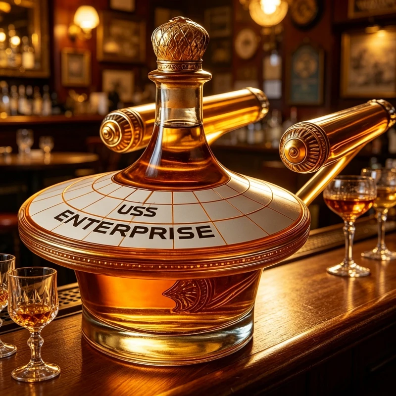 USS Enterprise Spaceship Shaped Whiskey Decanter, Vintage Glass Liquor Bottle with Golden Details for Bourbon Scotch,