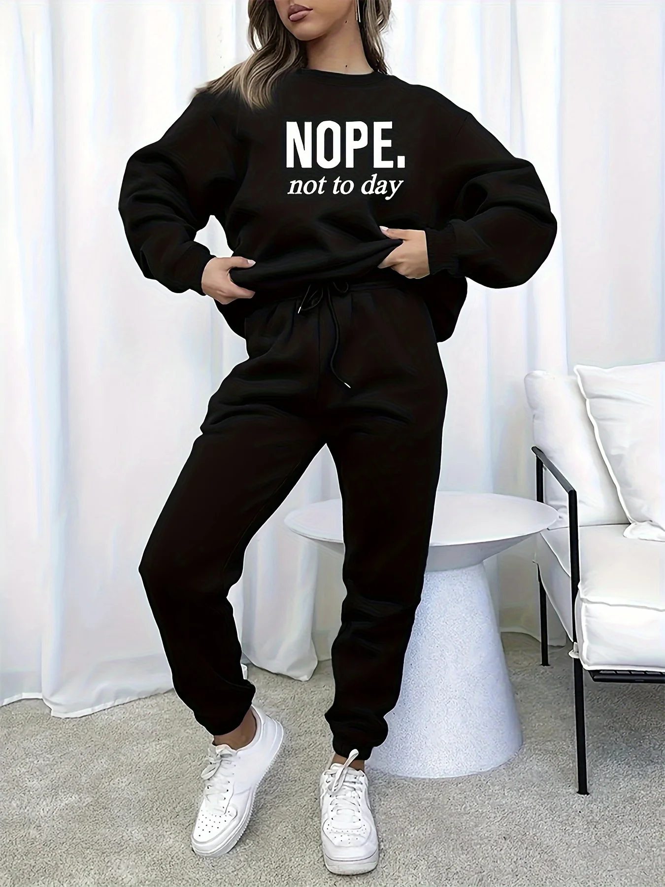 Plus Size Fleece Lined 2 Piece Tracksuit Crew Neck Slogan Letter Print Oversized Sweatshirt Drawstring Waist Jogger Pants Ribbed