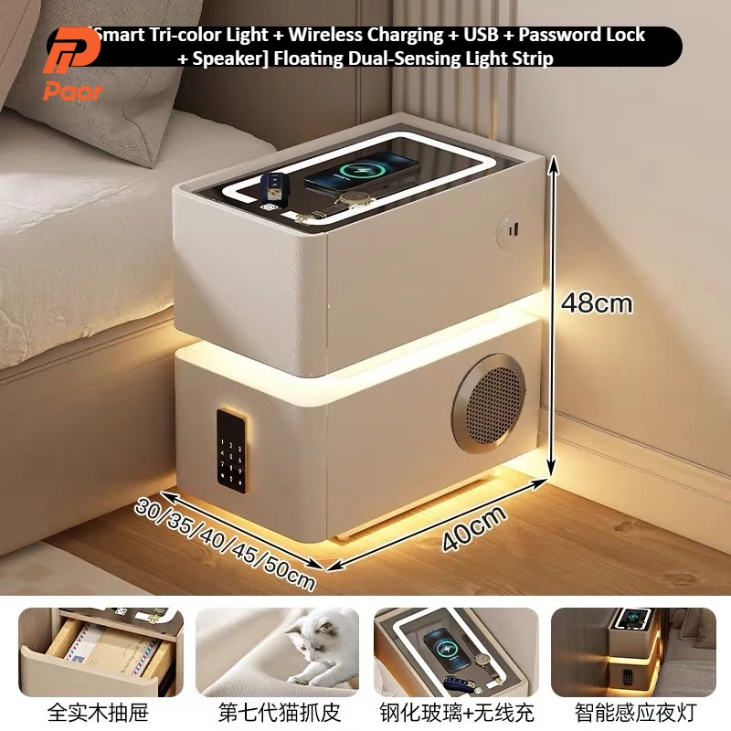 2-Drawer Storage Bedside Table LED Smart Nightstand with Rechargeable Power Bank, Combination Lock, and Speaker.