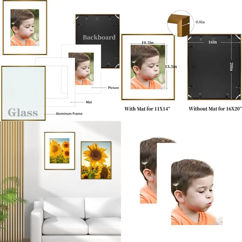 Par de marcos de aluminio bronce de 16x20 para fotos mate de 11x14 o 16x20 sin batir - Vidrio real, expositor de pared estilo galería