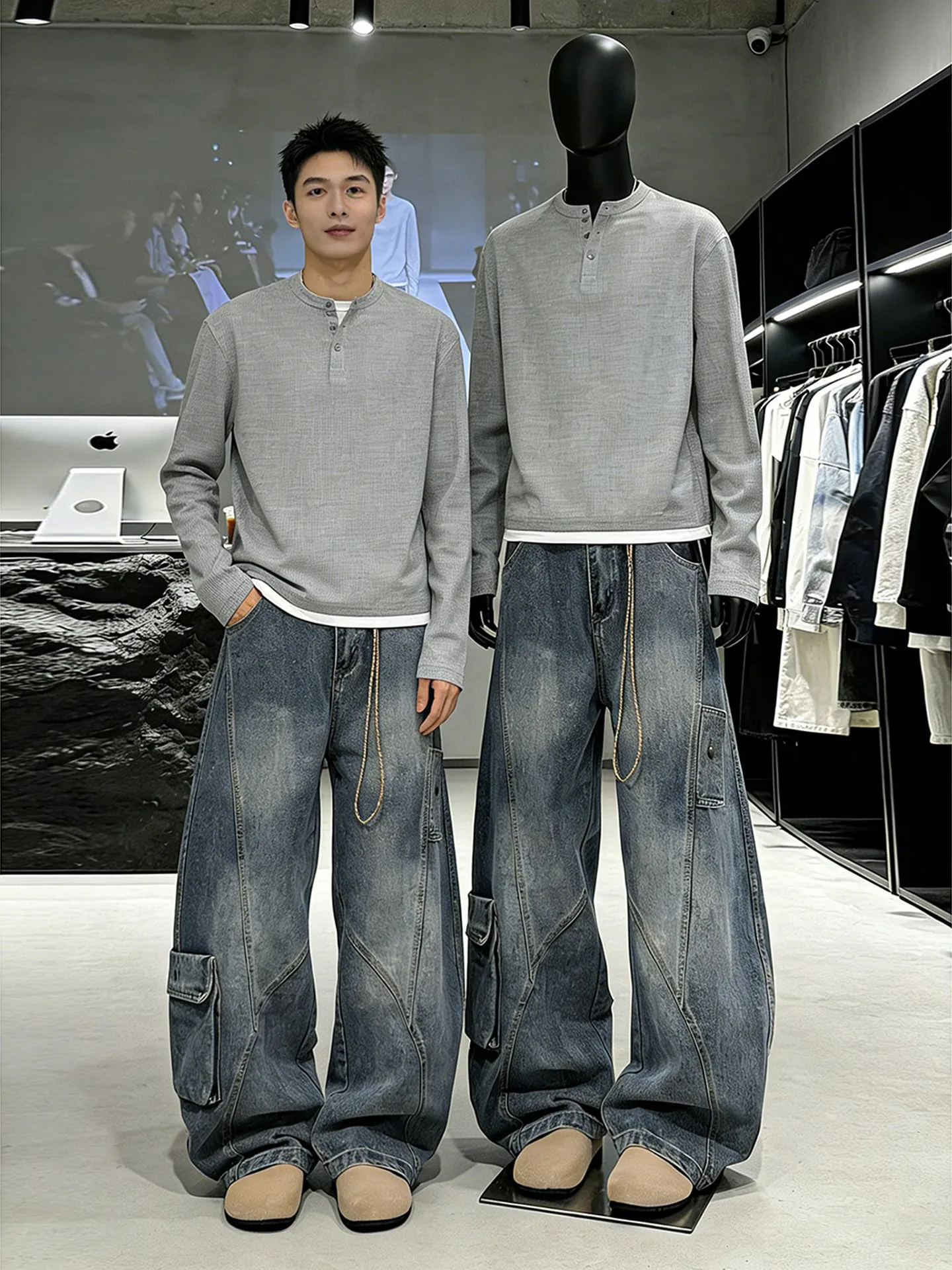 Retro American Deconstructed Knife Jeans Loose Wide Leg Workwear Trousers for Men Casual Wear All Seasons mid Waist Zipper