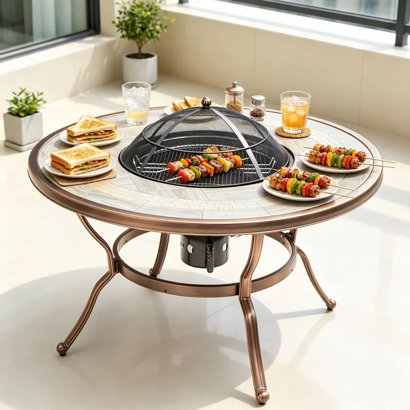 Outdoor Cast Aluminum Round Fire Pit Table Wood Grain Tile Top BBQ Charcoal Stove for Courtyard Patio Tea Heating
