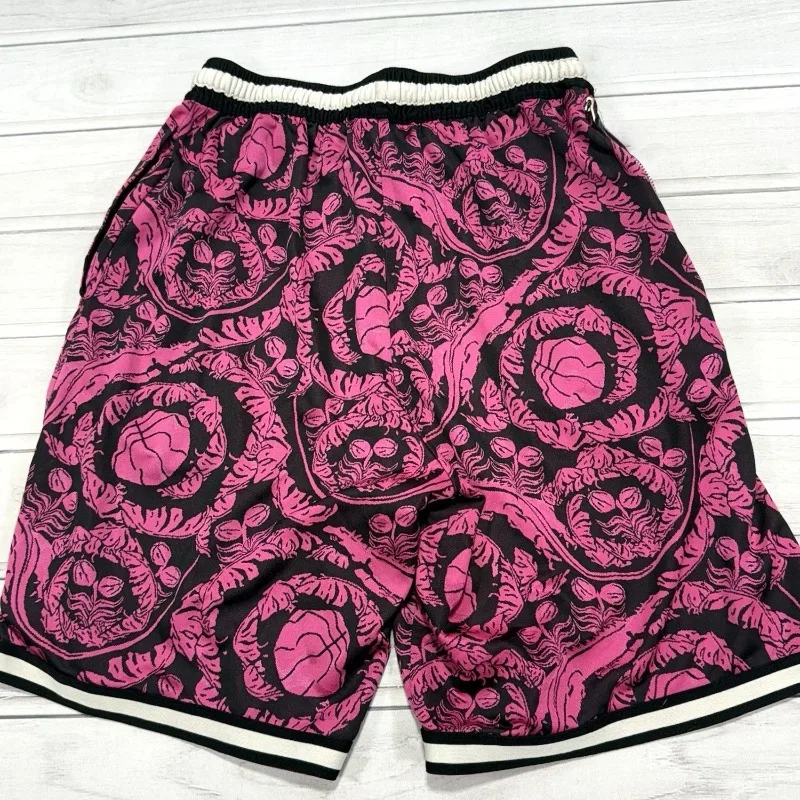 Baroque Patterned Printed Basketball Pants with Stripes, Breathable Black Sole, Loose Wide Leg Training Shorts