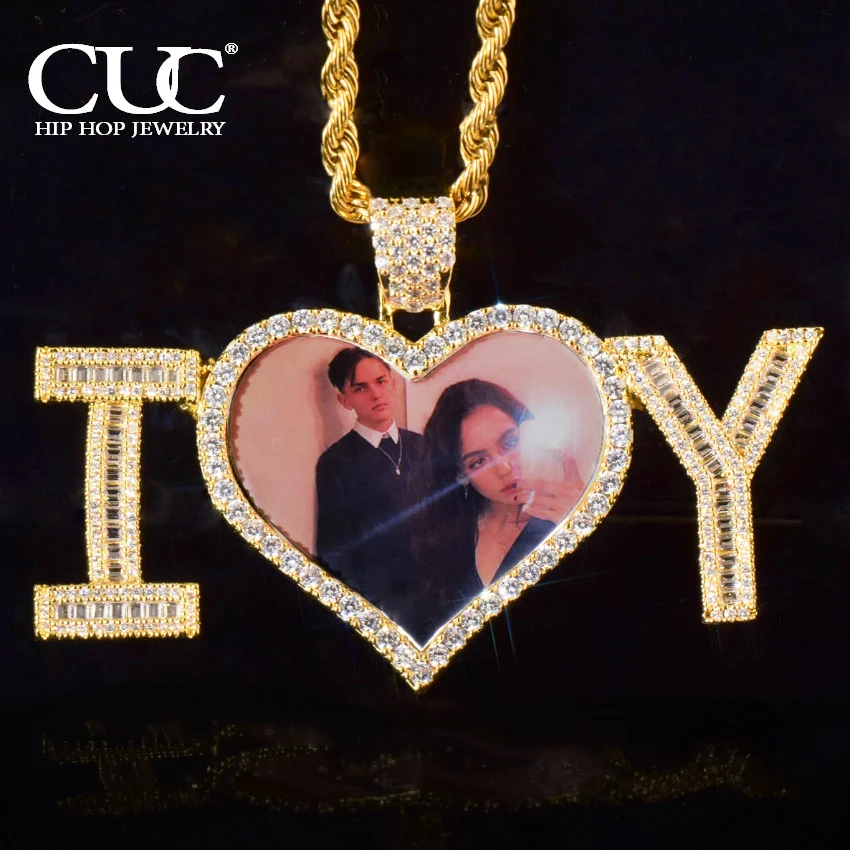 

CUC Custom Heart Photo Pendant With Letter Memory Frame Picture Necklace Iced Out Zircon Men Women Hip Hop Jewelry