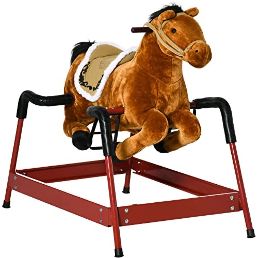 Caballo mecedora de primavera para niños, caballo paseo para niñas y niños con sonidos de animales, paseo de caballo de peluche con sensación suave, interactivo