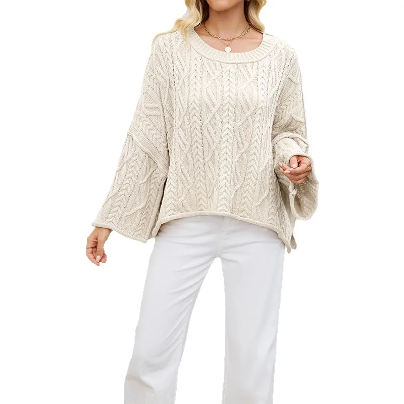 New Womens Oversized Cable Knit Bell Sleeve Sweater Crew Neck Side Slit Casual Pullover for Fall Winter view 4