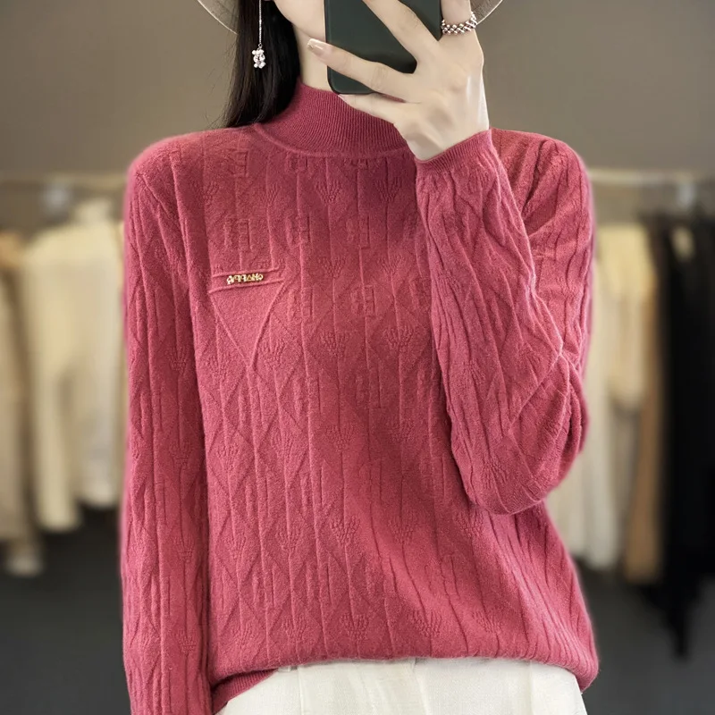 Autumn Winter Women's Pullover Round Neck Solid Rivet Flocking Geometric Long Sleeved Sweater Knitted Fashion Casual Loose Tops