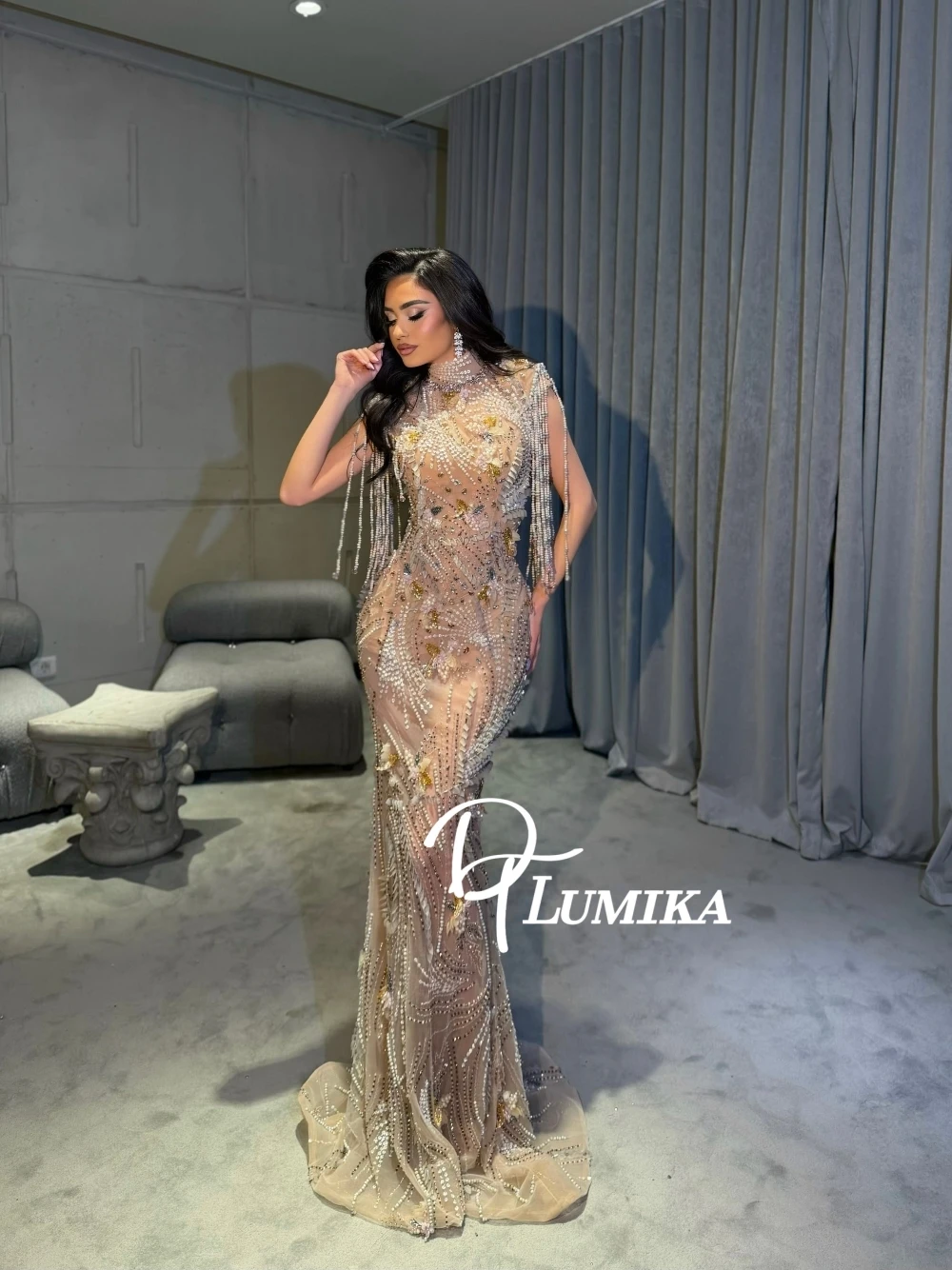 

Luxury Beaded Fringe Mermaid Evening Dress 2026 Chic High Neck Sheer Nude Formal Gown Customized For Women Wedding Party Prom