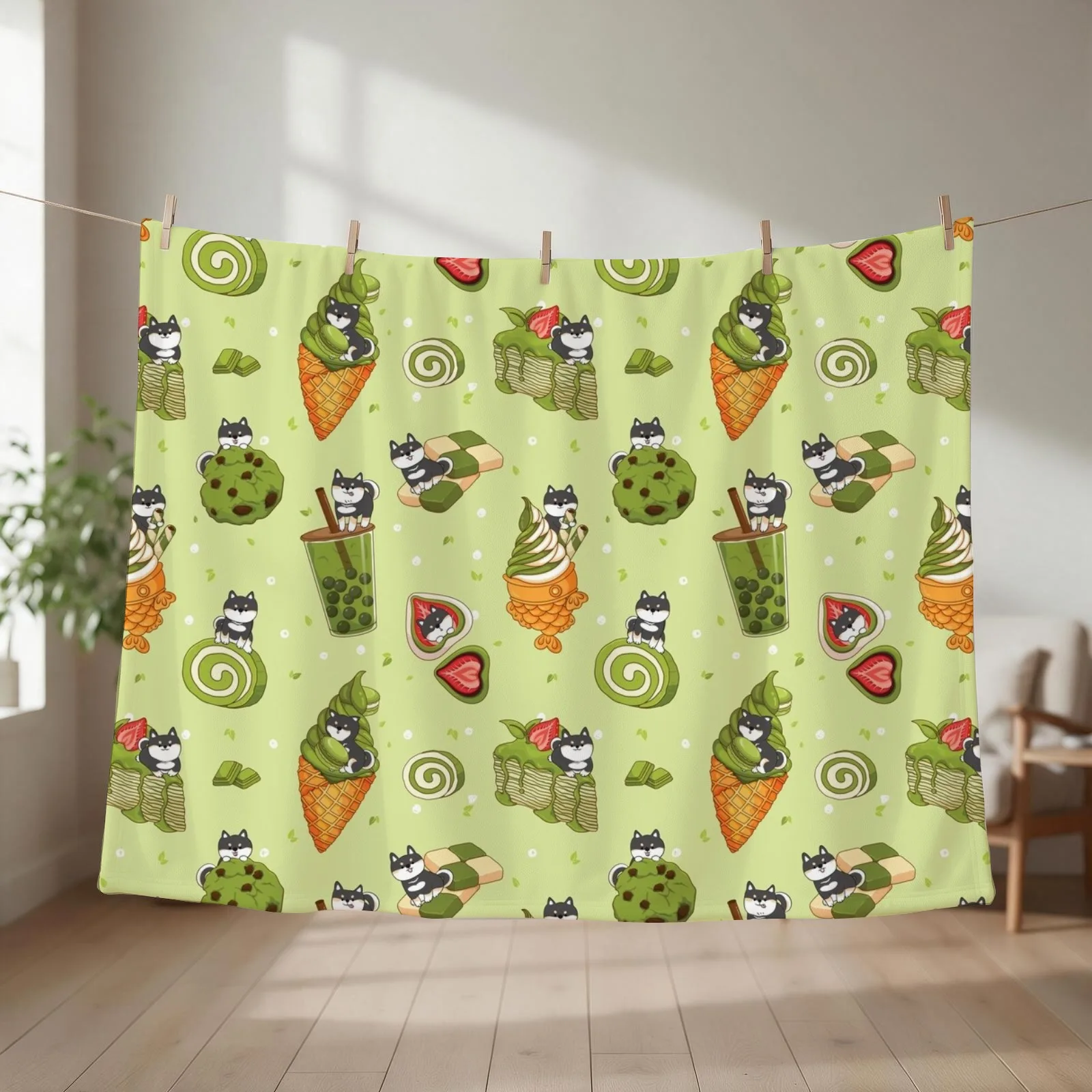 Black Shiba Inu with Japanese desserts - Green Throw Blanket