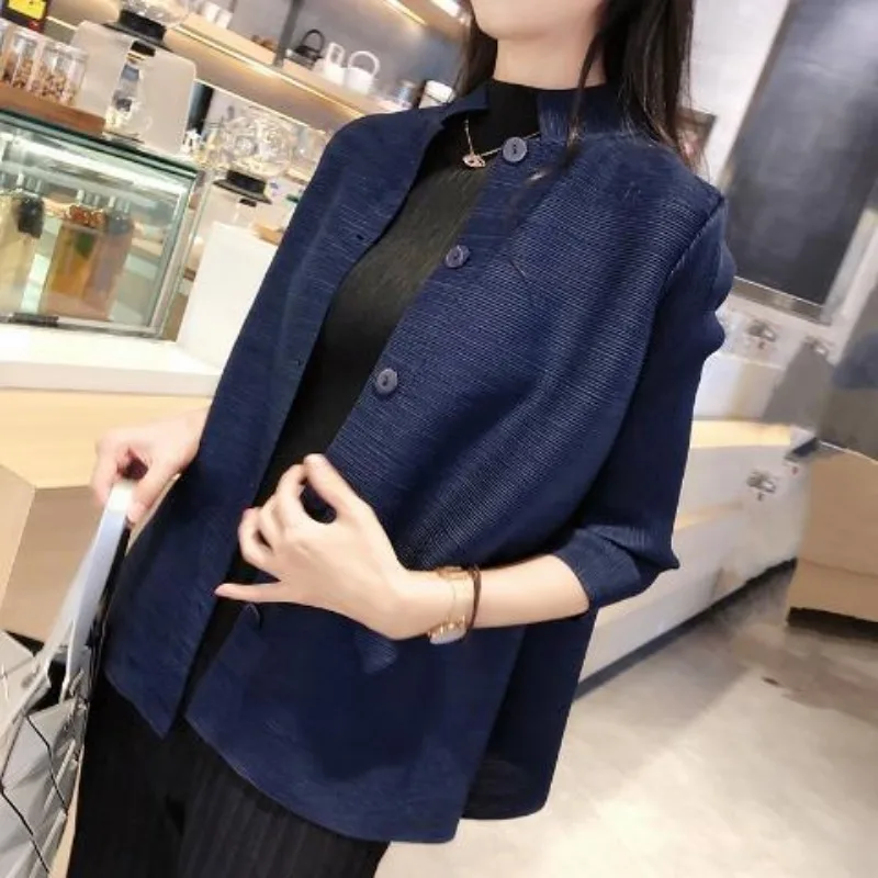 Wrinkled Small Cardigan Coat for Women Spring/Summer Temperament Loose Standing Collar Solid Versatile Slim Cardigan Female Top