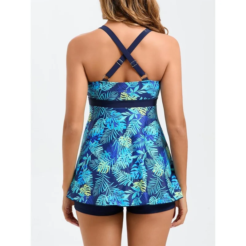 Hot Selling Women's Swimsuit Conservative Swimwear Leaf Print Tank Top with Swim Shorts Skirt Set for Women