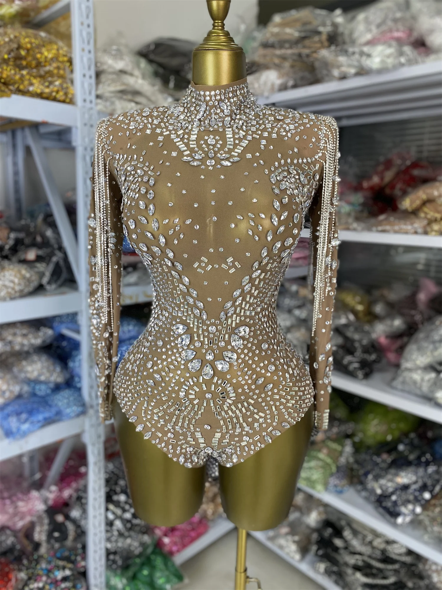 

Women Luxury Sparkly Rhinestones Diamonds Tassel Long Sleeve Mesh See Through Leotard Stage Costumes Evening Club Party Dress