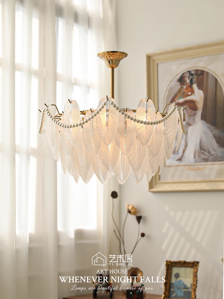 

French all copper pearl feather chandelier retro crystal American light luxury living room light bedroom restaurant designer