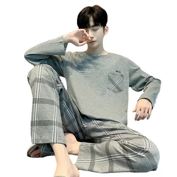 남성용 잠옷 면 긴팔 바지 세트, 심플하고 루즈한 피팅 캐주얼, 용수철 가을 및 겨울 청소년 홈웨어, 신상