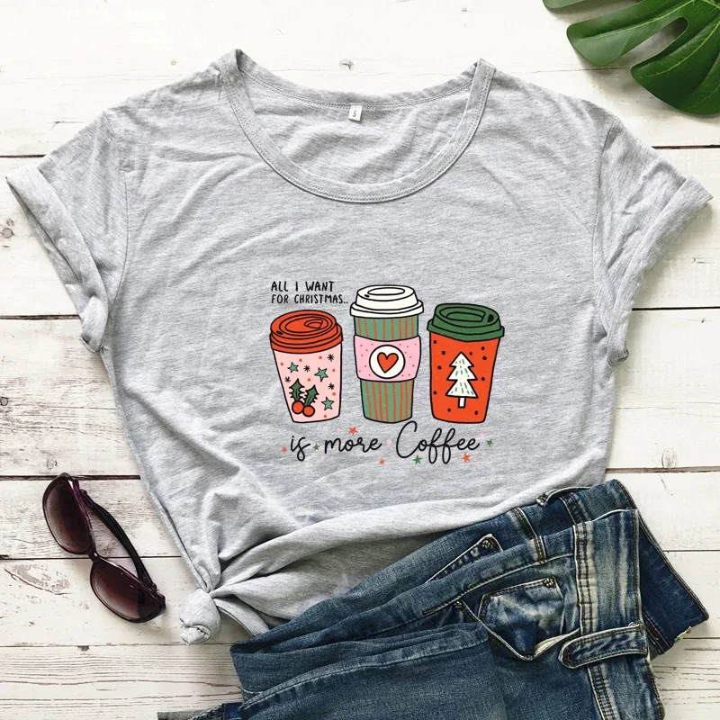 T Shirt Colored All I Want for Christmas Is More Coffee Retro Women  Crop Top  Fashion Casual  Short Sleeve  Breathable  Tee