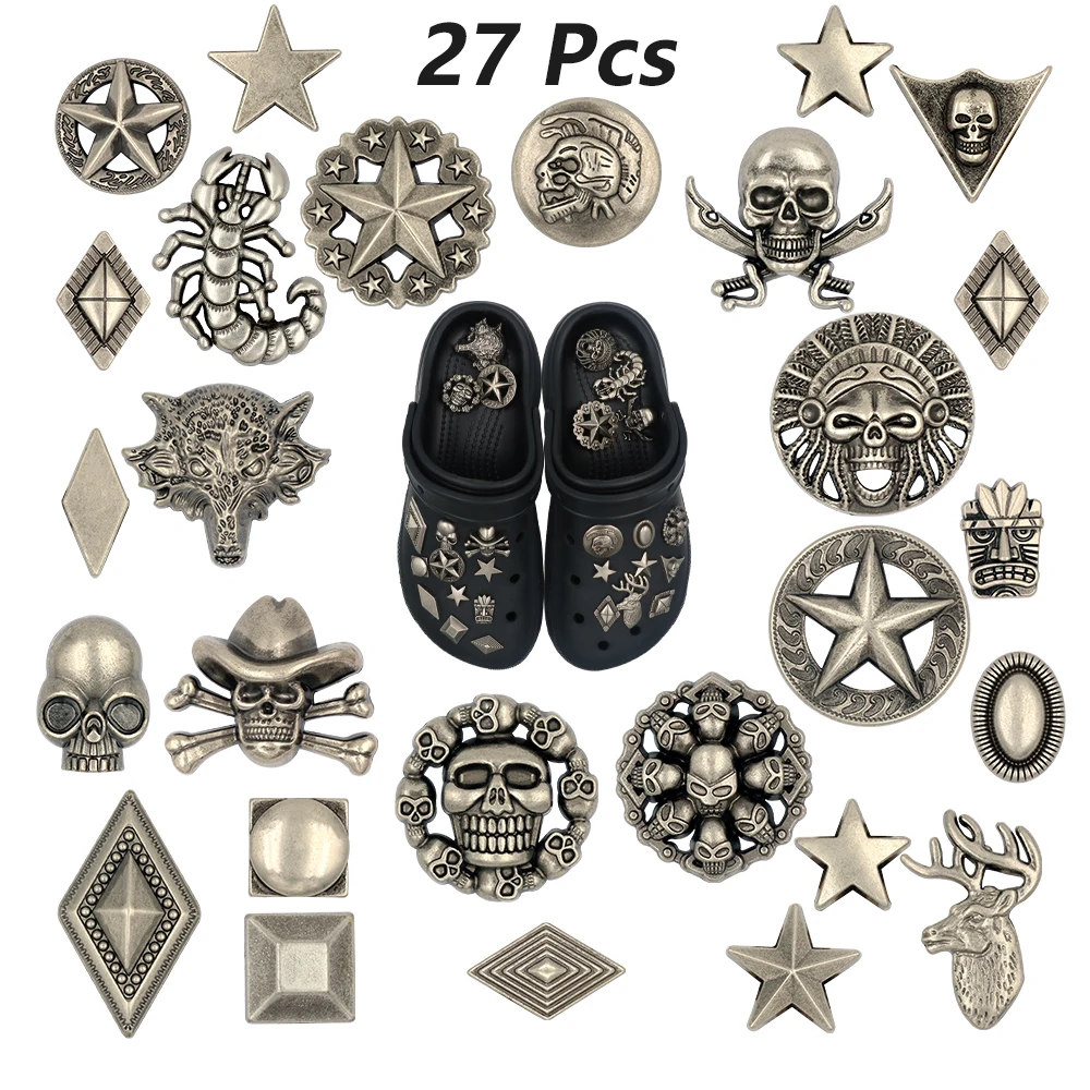 シューズアクセサリーチャーム-パンクスタイル-クロックスチャーム-メタル装飾-ハーフボディ鹿の骨格-スナップイン-ハロウィンサンダル飾り-1セット-27個入り