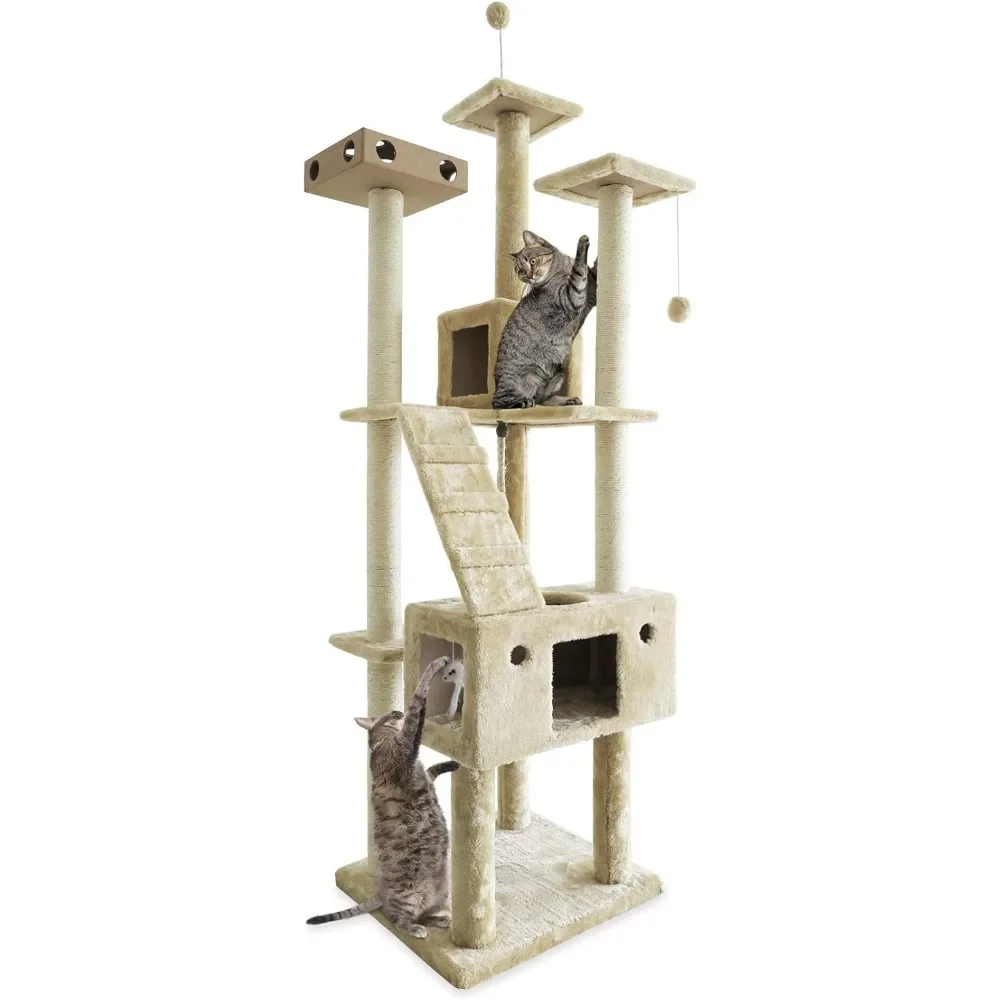 

69.3" Tall Cat Tree for Indoor Cats, Sisal Scratching Posts, Condos, & Toys - Double Decker Interactive Playground Cat Tower