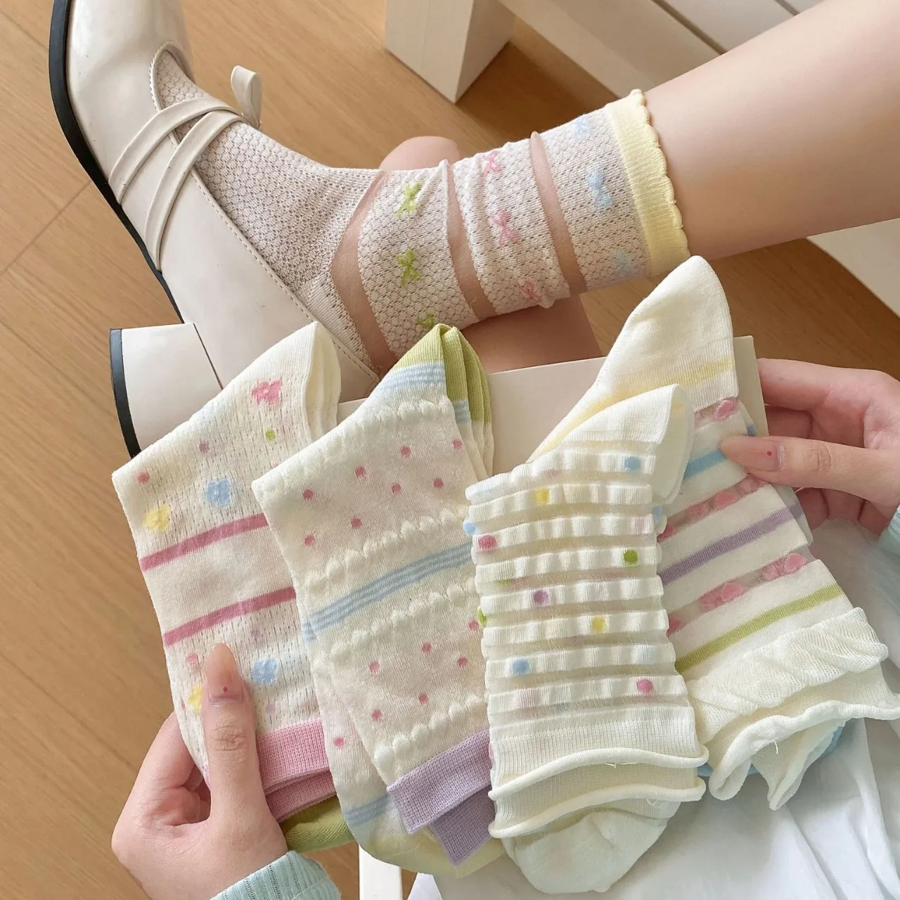 Striped Lace Bow College Style Socks For Women, Summer Transparent Silk Hollow Mesh Mid Calf Seamless Anti Pilling Cotton Socks