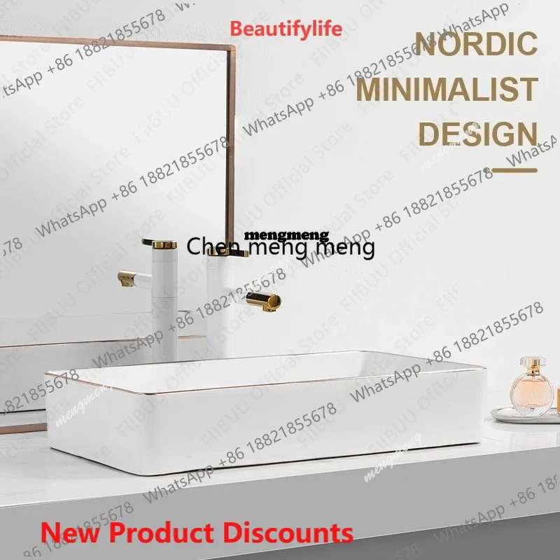 03 White Ceramic Table Sink With Golden Edge Countertop Vanity Sink Bathroom Lavatory Balcony Vessel Sink Above Counter Wash Bas