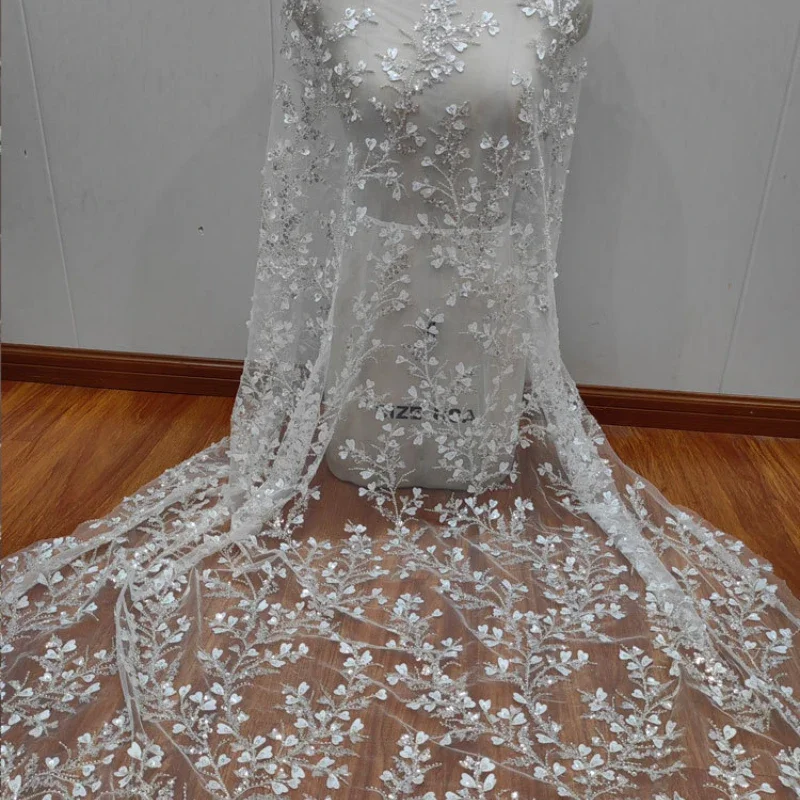 Love Cuttlefish White Sequins Beading Embroidered Bridal Wedding Dress DIY Lace Fabric