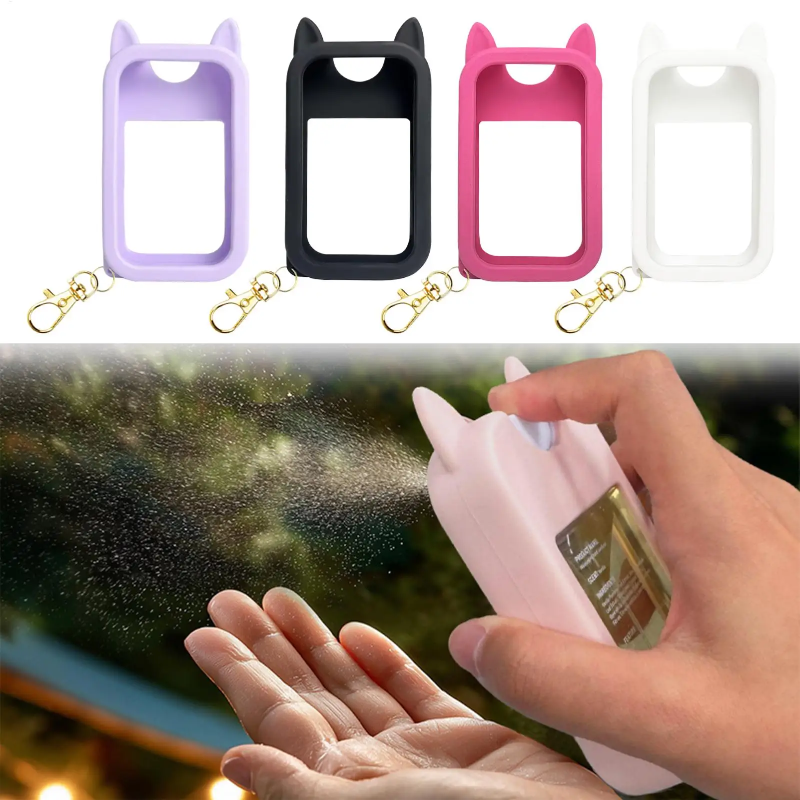 귀여운 귀 모양 실리콘 백팩 액세서리 보호 케이스 키체인 포함 손 미스트 스프레이 케이스 남성용 야외 여행 차량 해변용