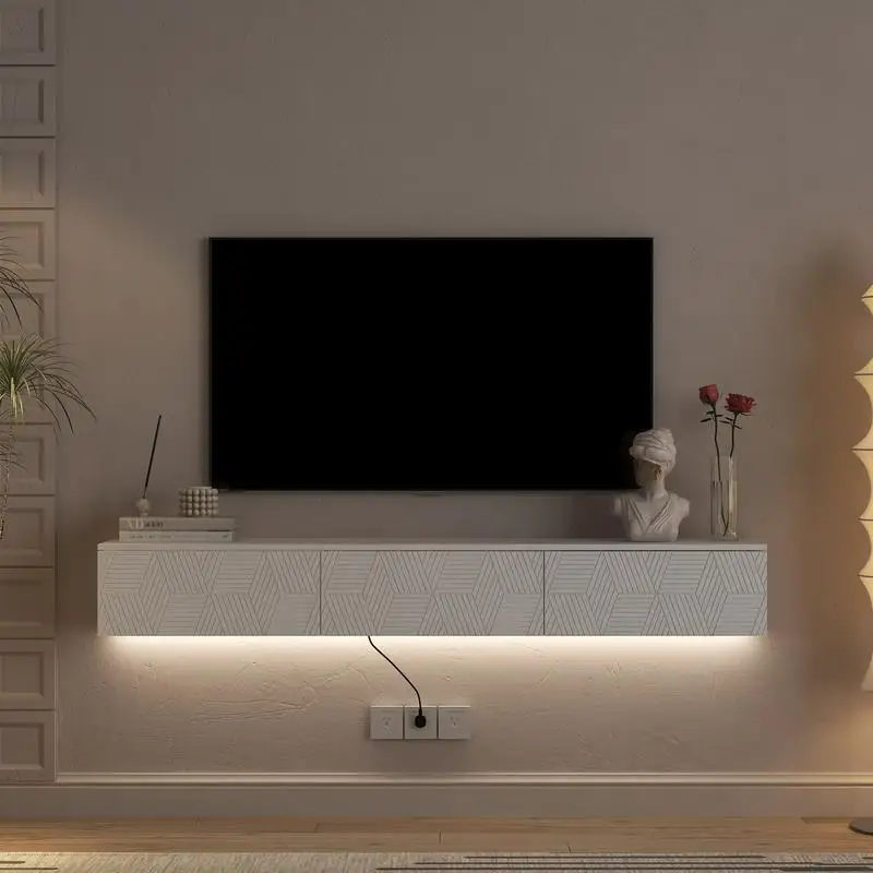 Zwevende tv-standaard van 67 inch, aan de muur gemonteerd modern entertainmentcentrum met 16 kleuren LED-verlichting, geschikt voor tv's van 55 tot 65 inch, wit