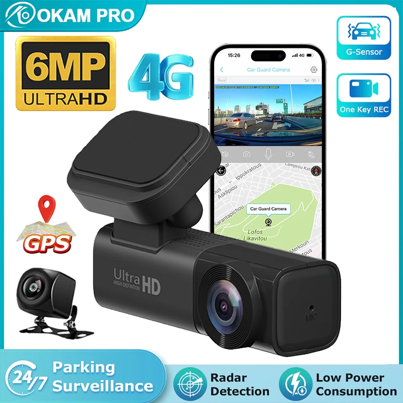 

OKAM PRO Car Recorder Front Rear Dual Lens FHD 6MP 4G GPS Position 24hrs Parking Monitor Night Vision Crash Video Car Camera