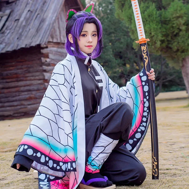 Demon Slayer Kochou Shinobu Cosplay Traje, Uniforme de Halloween, Haori Cloak Ternos, Peruca Adulto e Infantil