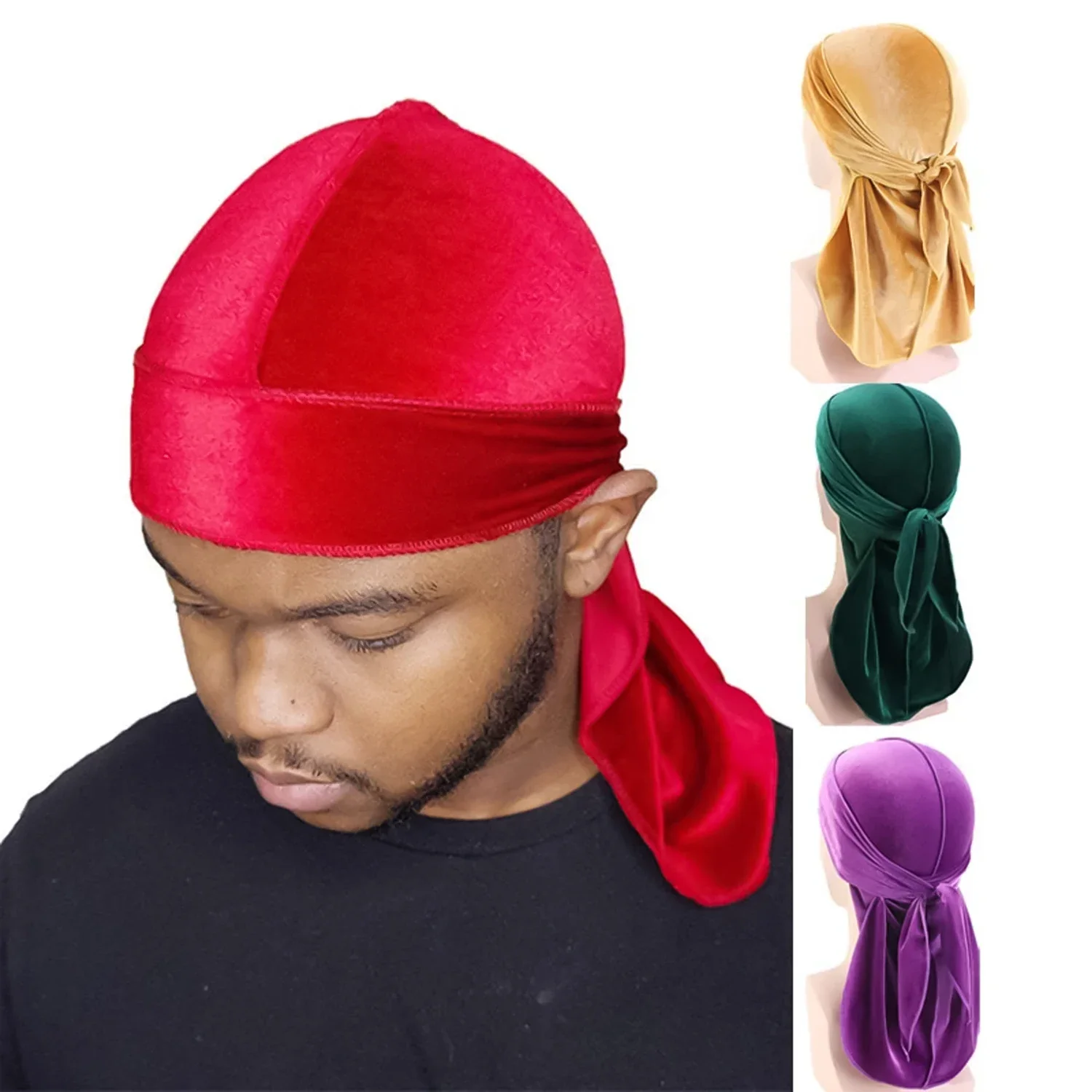 Men's Fashion Turbans Velvet Long Tail Braided Pirate Hat Casual Sports Outdoor Personalized Comfortable Elastic Headband 2024