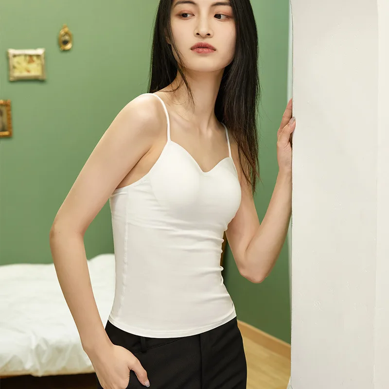 Cotton Knitted Solid Color Chest Pad Sling Top Deep V Neck Slim Bra Integrated Vest for Women One Piece Sleepwear Pajamas