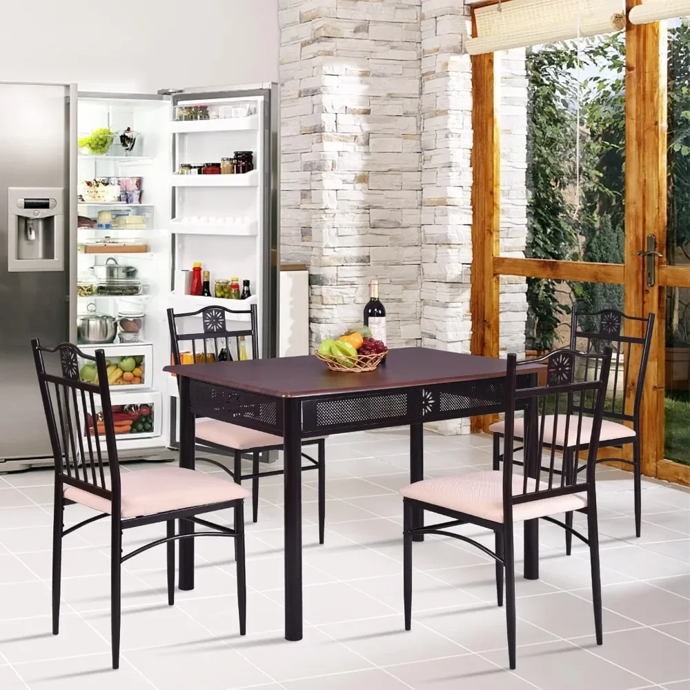 5 Pieces Dining Table Set, Modern Kitchen Table Set for 4 Person, 42” Rectangular Table w/ 4 Upholstered Chairs, (Brown)