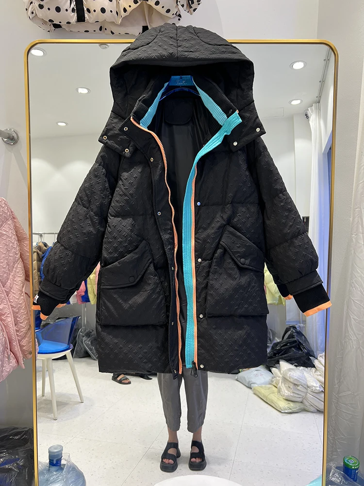 Winter Women 90% White Duck Down Coat Casual Hooded Zipper Long Jacket Female Loose Thick Warm Snow Outwear