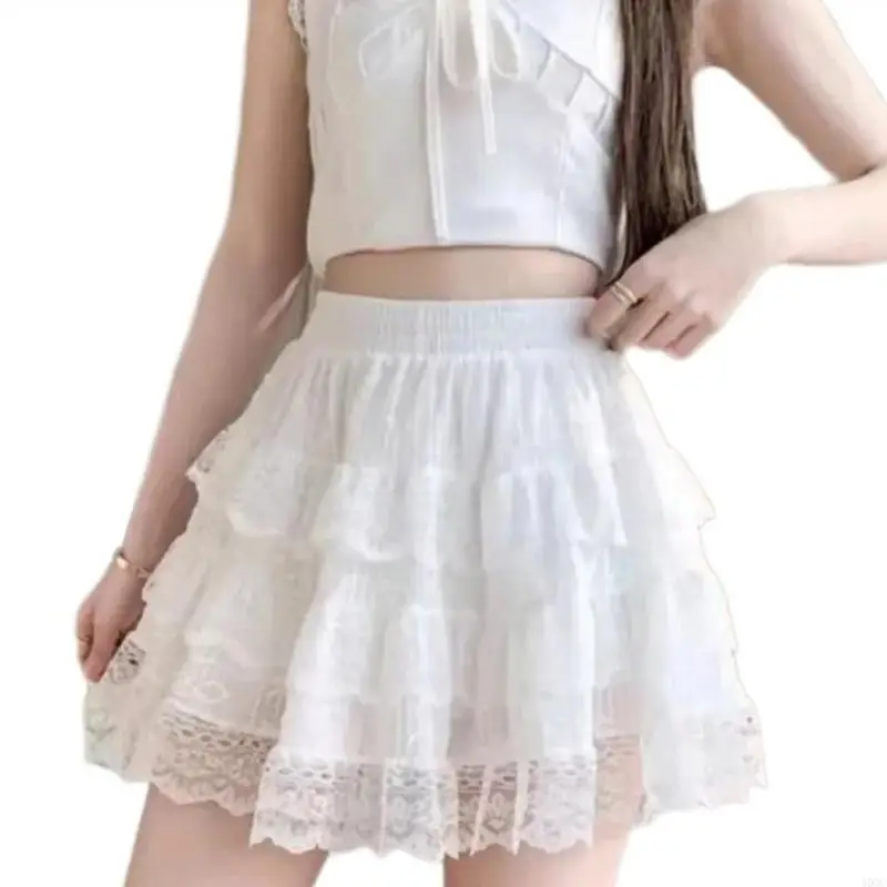 40GC Women Tiered Ruffled Lace Shorts Solid Color Half Slip Under Dress Cake Pant