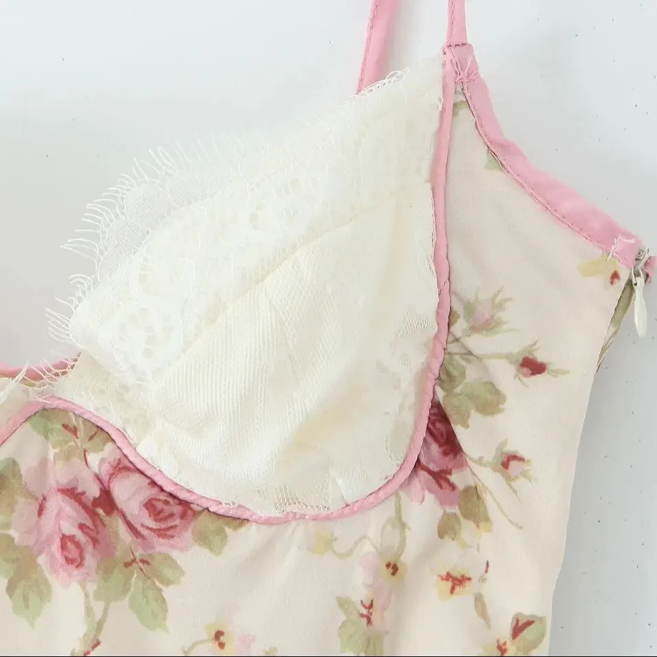 2025 Sexy Deep V neck Lace Chest Spliced Floral Print Satin Midi Sling Dress Women Swing A-lined Robe Party Evening Vestidos