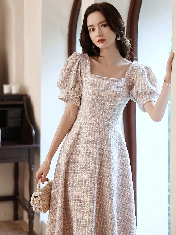 

New Puff Sleeve Prom Gowns Elegant Women's Square Collar A-Line Sequined Graduation Party Dress 2024 Simple Princess Dresses