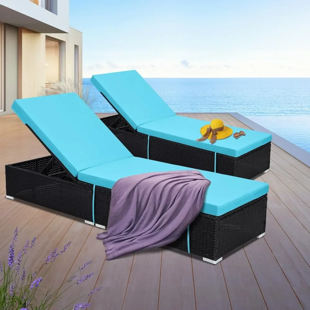 

Outdoor Rattan Wicker Chaise Lounge Chair, Set of 2, Adjustable Backrest, Waterproof Cushion, Black Frame Outdoor Sun Loungers
