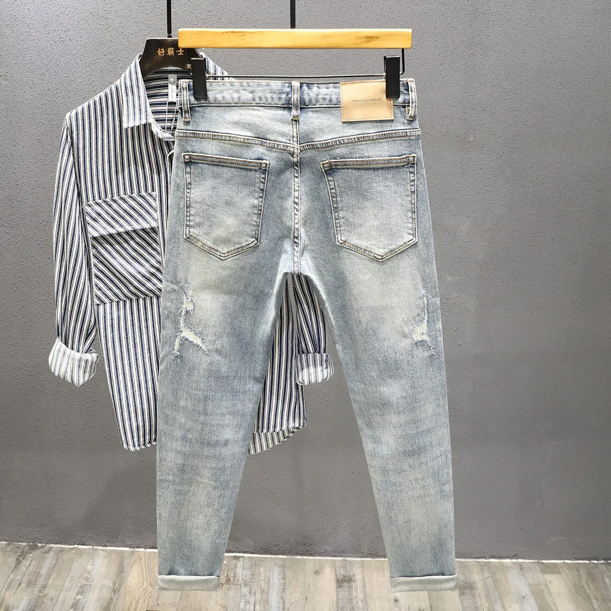 

Trendy fiti Streetwear Slim Fit Men's Jeans Ink Splaed Skinny Pants Cuffed Versatile Nine-Piece Casual Youth Jeans