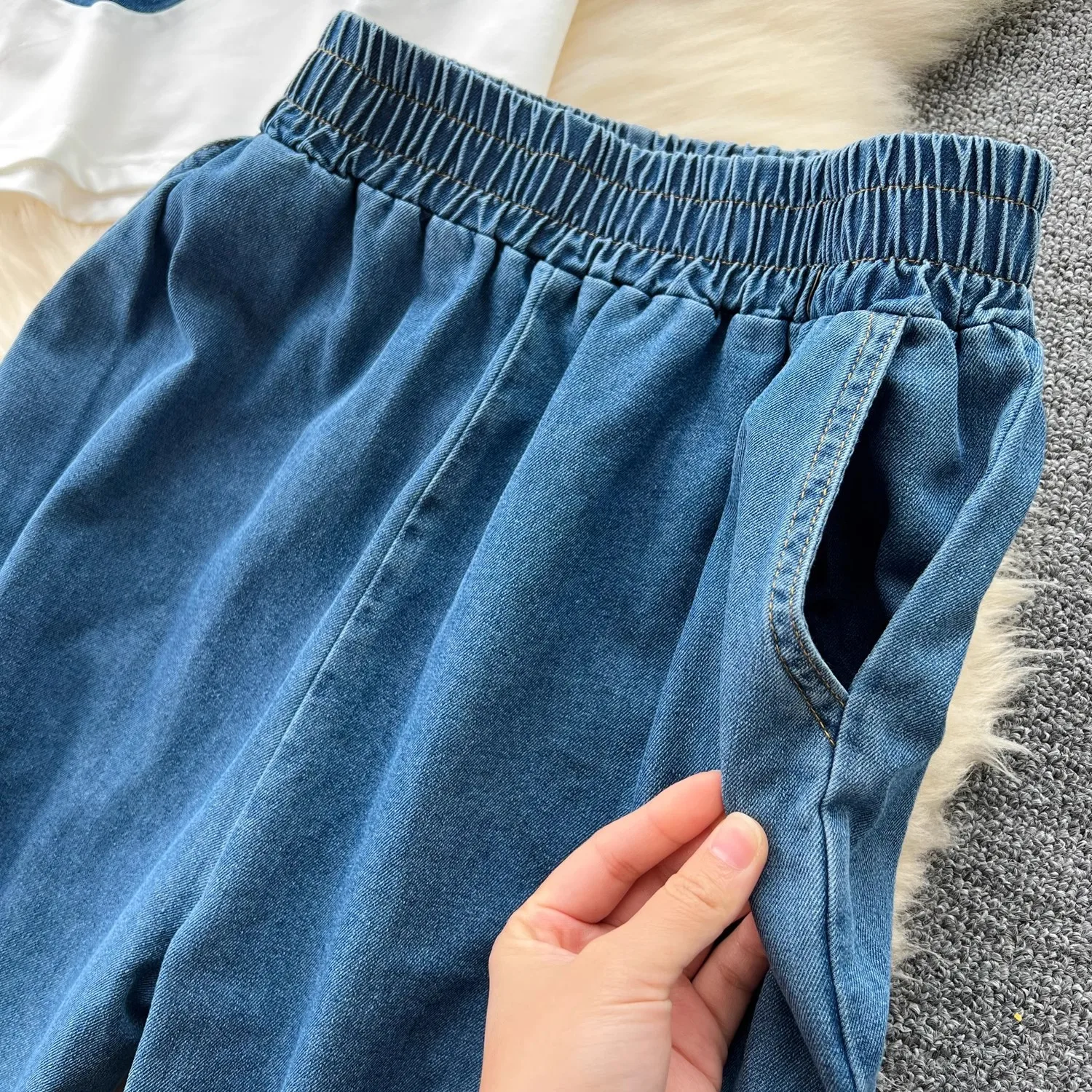 Pant Set Women Two Piece Sets Matching Sets Short Sleeve Denim Splice Tops Wide Leg Long Pants Elastic Waist Y2k Casual 2025