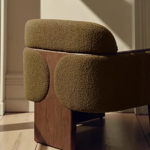 Nordic medieval style olive green lamb wool single seat leisure chair solid wood curved wood armchair living room furniture