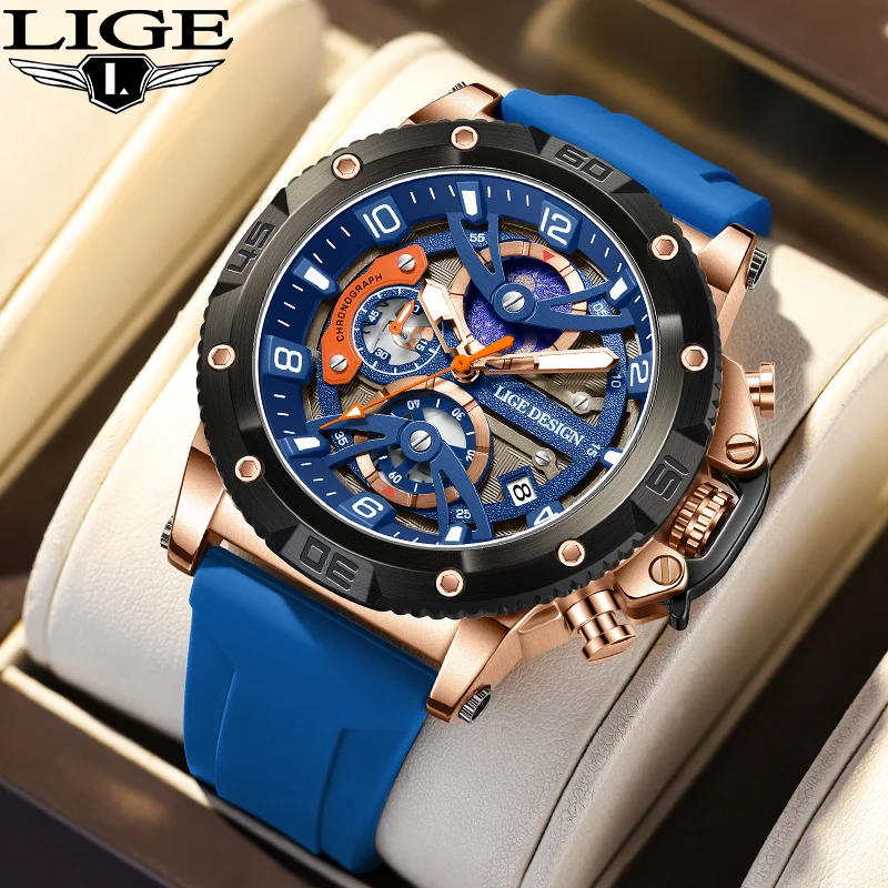 

LIGE Original Design Quartz Man Watch Fashion Casual Sport Silicone Waterproof Skeleton Watches for Men Trendency Calendar Clock