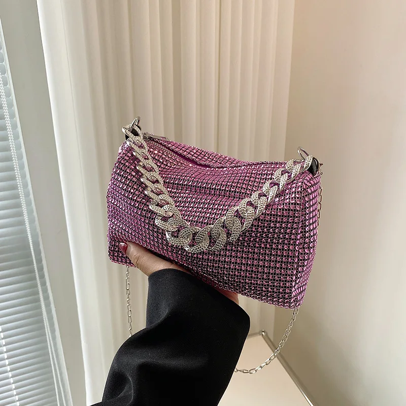 Korean Style Light Diamond Round Bag Chain Bag Women Summer Full Diamond Casual Shoulder Crossbody Bag Handbags for Woman