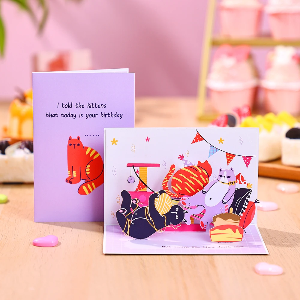 Cat Birthday Greeting Card Purple Pop Up Card Birthday Present Creative Gift With Envelope Fun Spoof Kitten Greeting Card