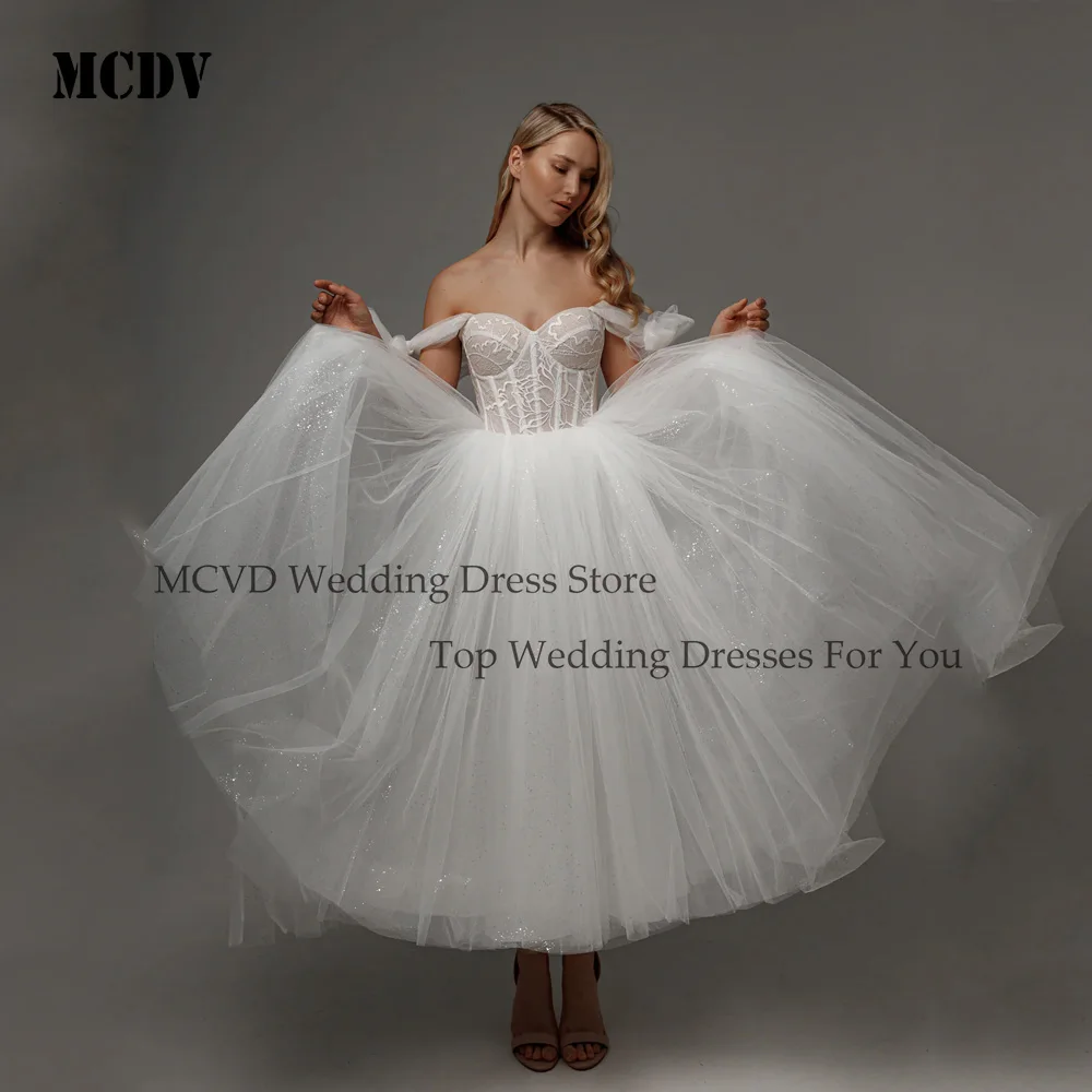 

MCDV Midi Shiny Bride Gowns Sweetheart Spaghetti Straps Glitter Tulle Wedding Dresses Applique Short Vestido De Novia Customized