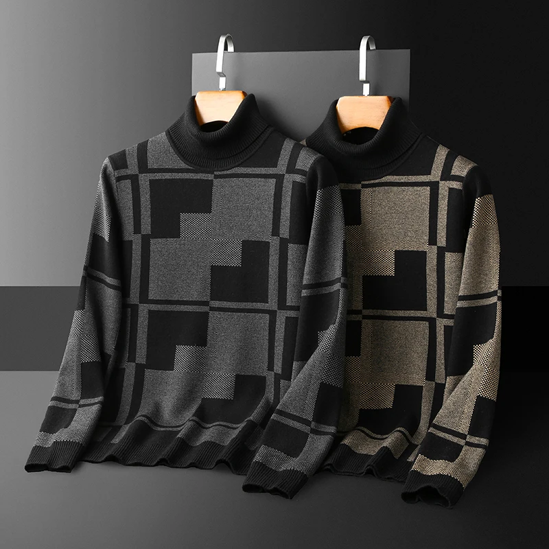 

Мужской модный вязаный свитер из шерсти с высоким воротником и отложным воротником, теплый зимний, с длинными рукавами, прямого кроя, для молодежи