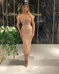 Champage Evening Dresses Sheath V-neck Knee Length Sequins Short Turkey Dubai Saudi Arabic Evening Gown Prom Dresses