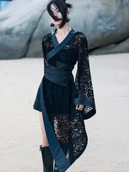 Original Improved Cheongsam New Chinese Women's Black Improved Hanfu Lace Asymmetric Top Ancient Costume Han Chinese Clothing