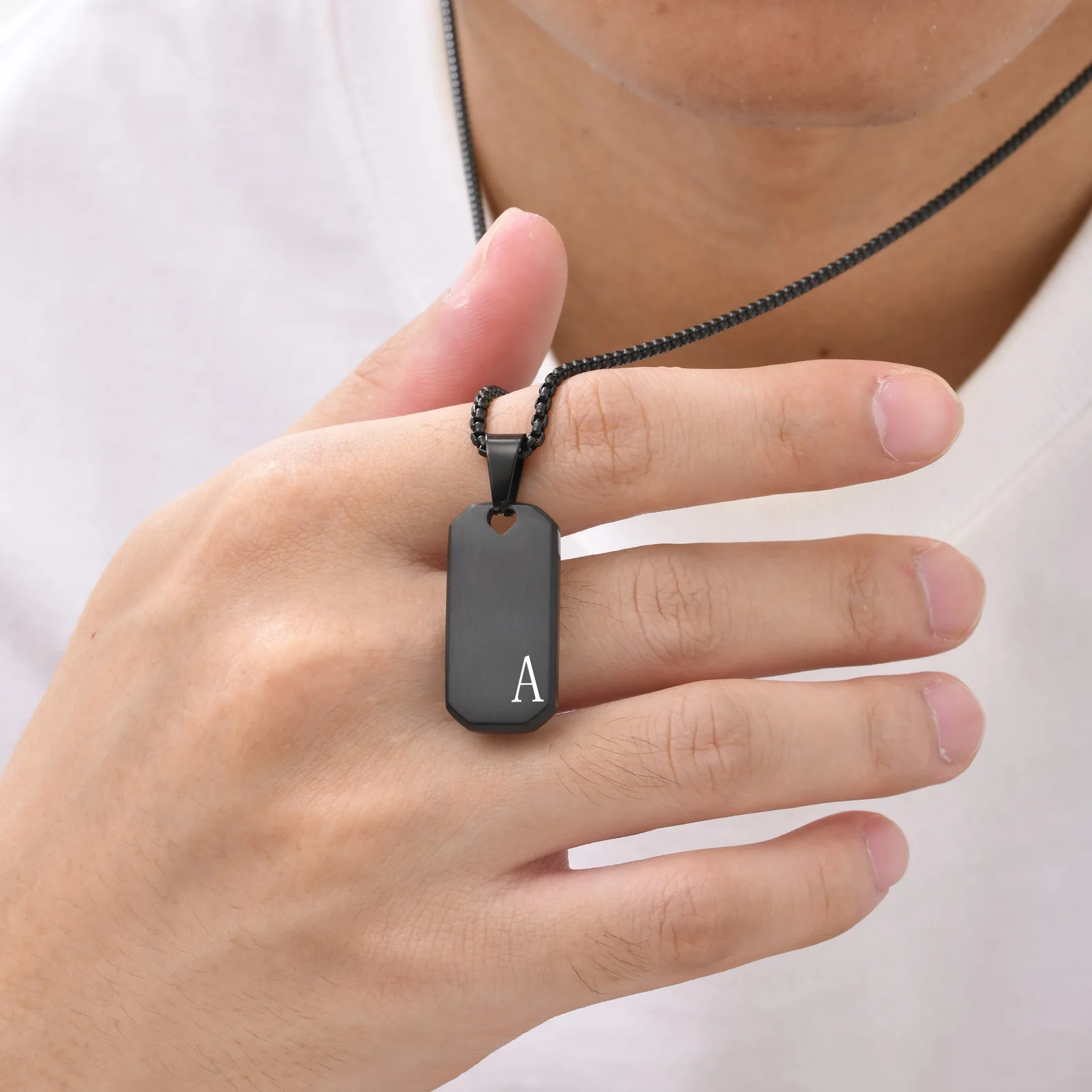 Initials Small Dog Tag Necklaces for Men Boys,Custom Stainless Steel Geometric Pendant with A-Z 26 Letters,Casual Simple Gifts