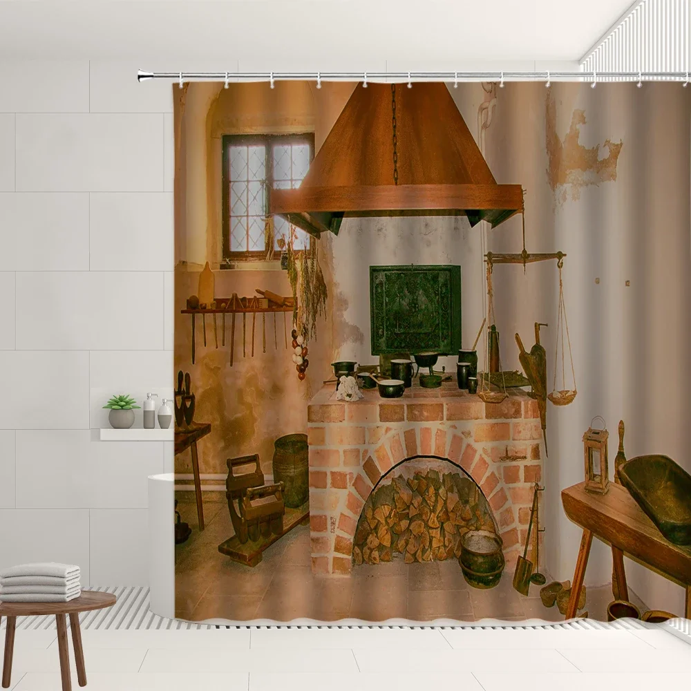 Retro Fireplace Pattern Shower Curtain Set Vintage Style Home Decorations Polyester Background Cloth Bathroom Screen With Hooks