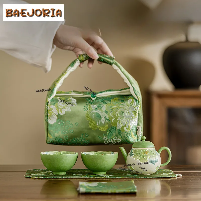 BAEJORIA Hand Painted Green Peony Travel Tea Set Kit Creative 1 Pot 2 Cups Tea Brewing Organizer Portable Picnic Handbag Gift