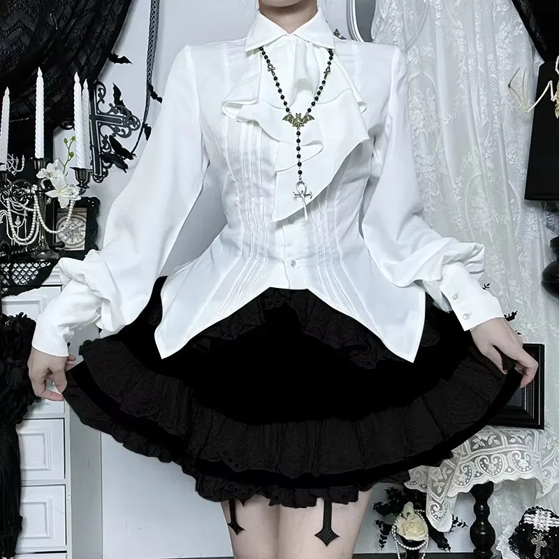 Gothic Shirt Jabot Ruffle Tie Blouse Pleated Fold Swallow Women Vintage Frill Long Sleeve Ouji Lolita Costume Tops